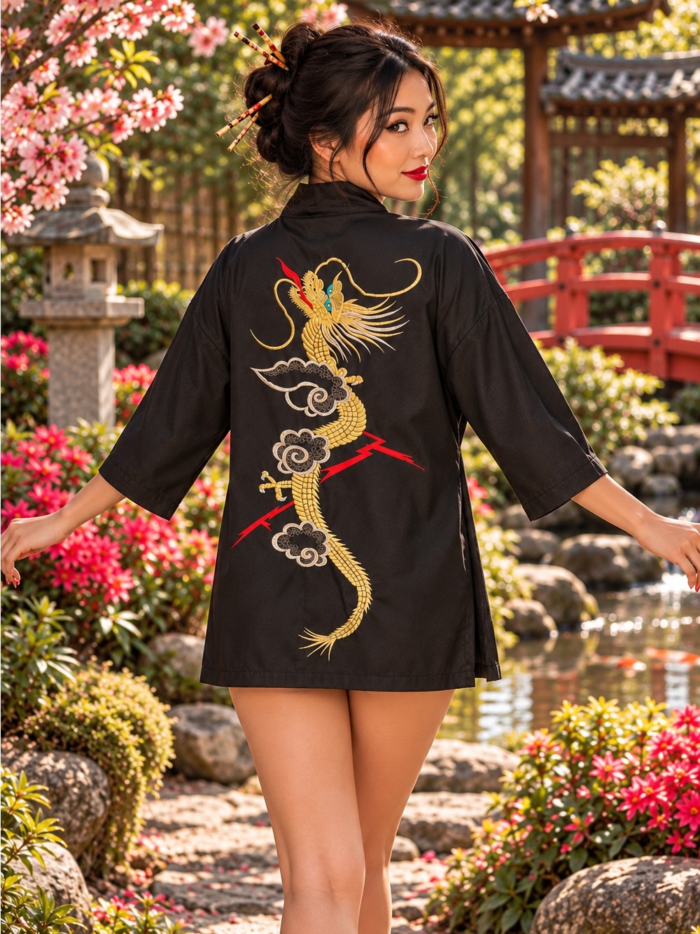 Vintage JUGUEMM Dragon Embroidered Happi Jacket Black Red Lined Made in Japan